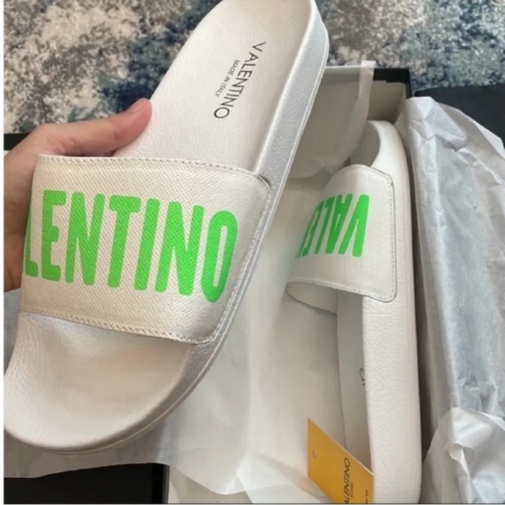 Valentino Leather Logo Neon Green  Slide Sandals